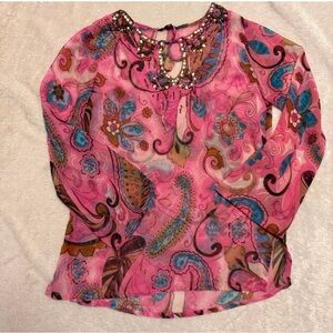 Embellished Pink Paisley Sheer Blouse